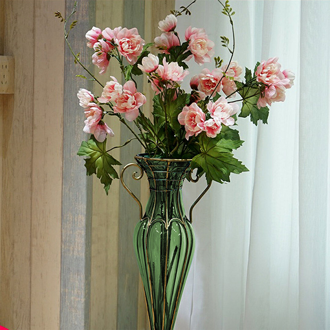 green colored european glass flower vase solid base with two gold metal handle Price