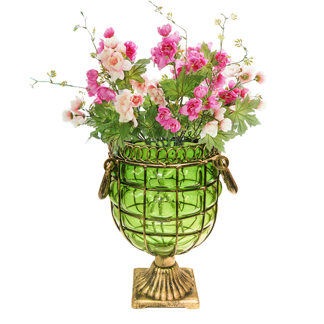 Green Colored European Glass Jar Flower Vase Solid Base with Metal Handle Price