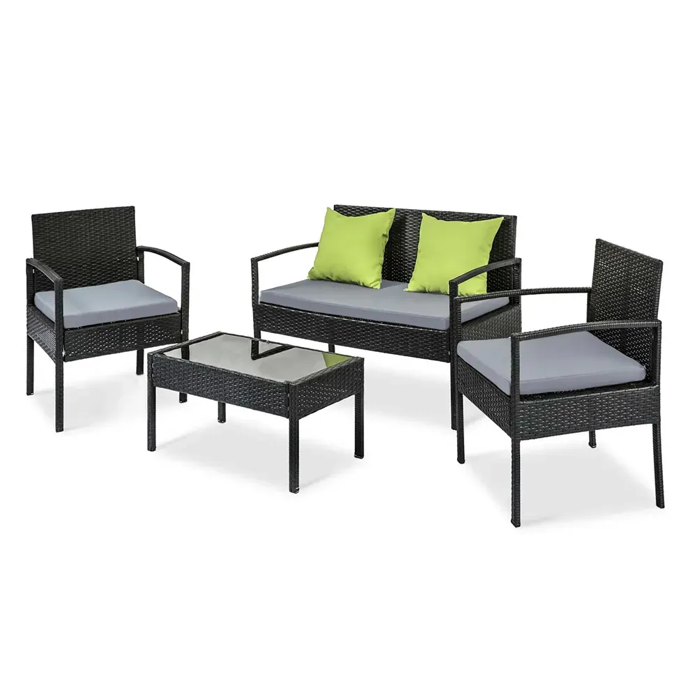 4 Seater Sofa Set Outdoor Furniture Lounge Setting Wicker Chairs Table Rattan Lounger Bistro Patio Garden Cushions Black Price
