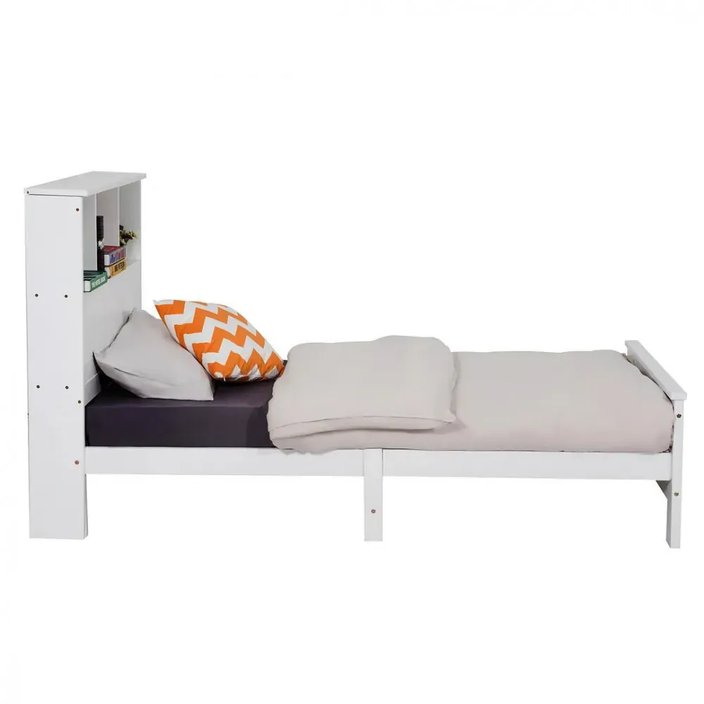 Weetulta Solid Pine Timber Bed Frame with Bookshelf Storage Headboard- White Price