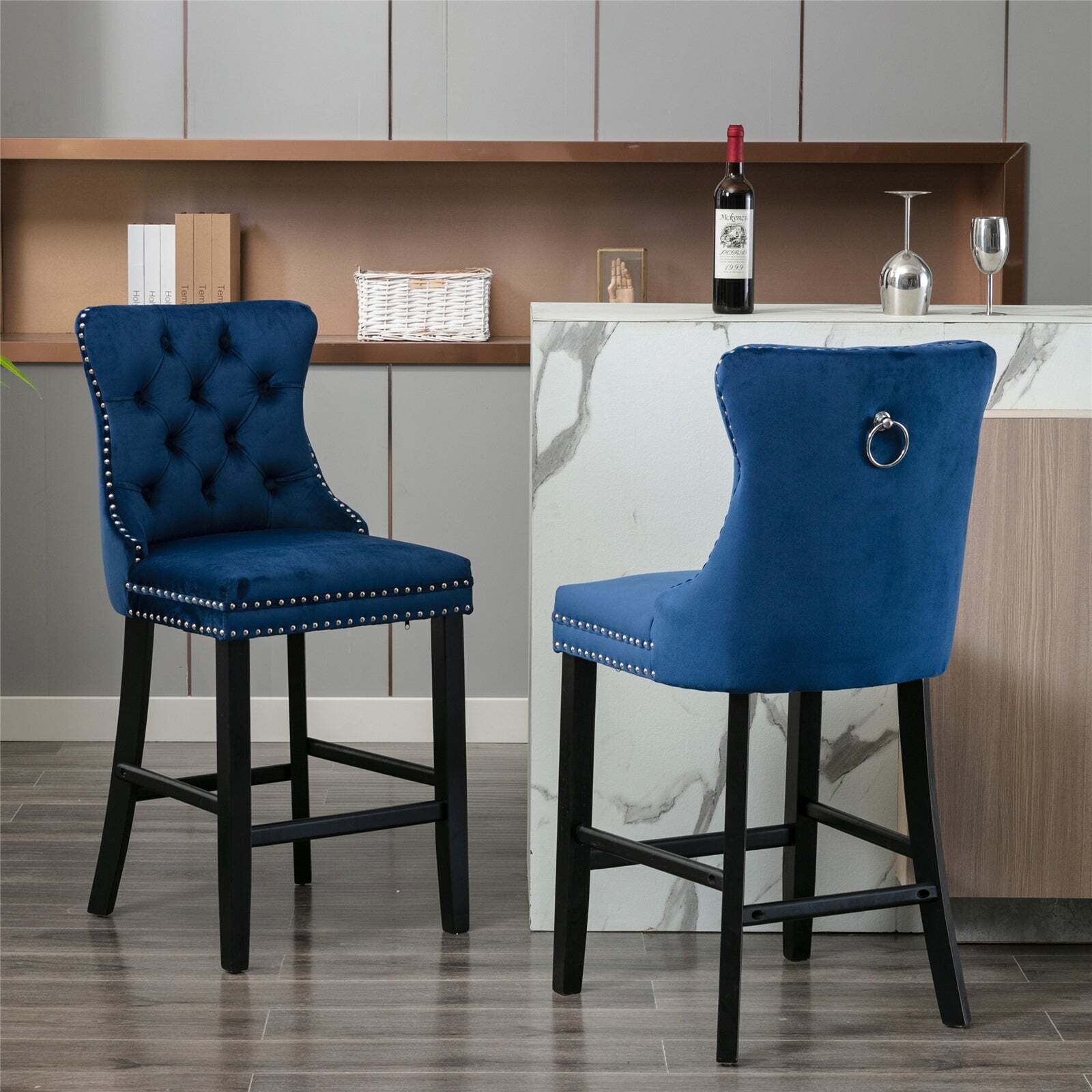 2X Velvet Bar Stools with Studs Trim Wooden Legs Tufted Dining Chairs Kitchen Price