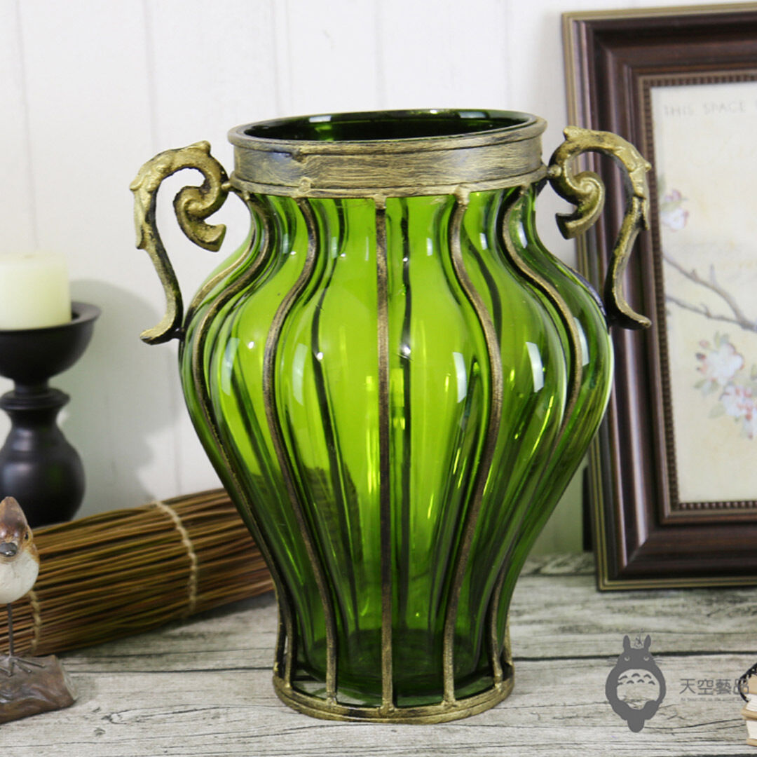 Colored European Glass Home Decor Flower Vase with Two Metal Handle Price