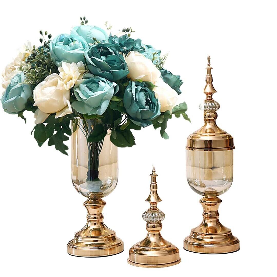 2 x Clear Glass Flower Vase with Lid and Blue Flower Filler Vase Set Price