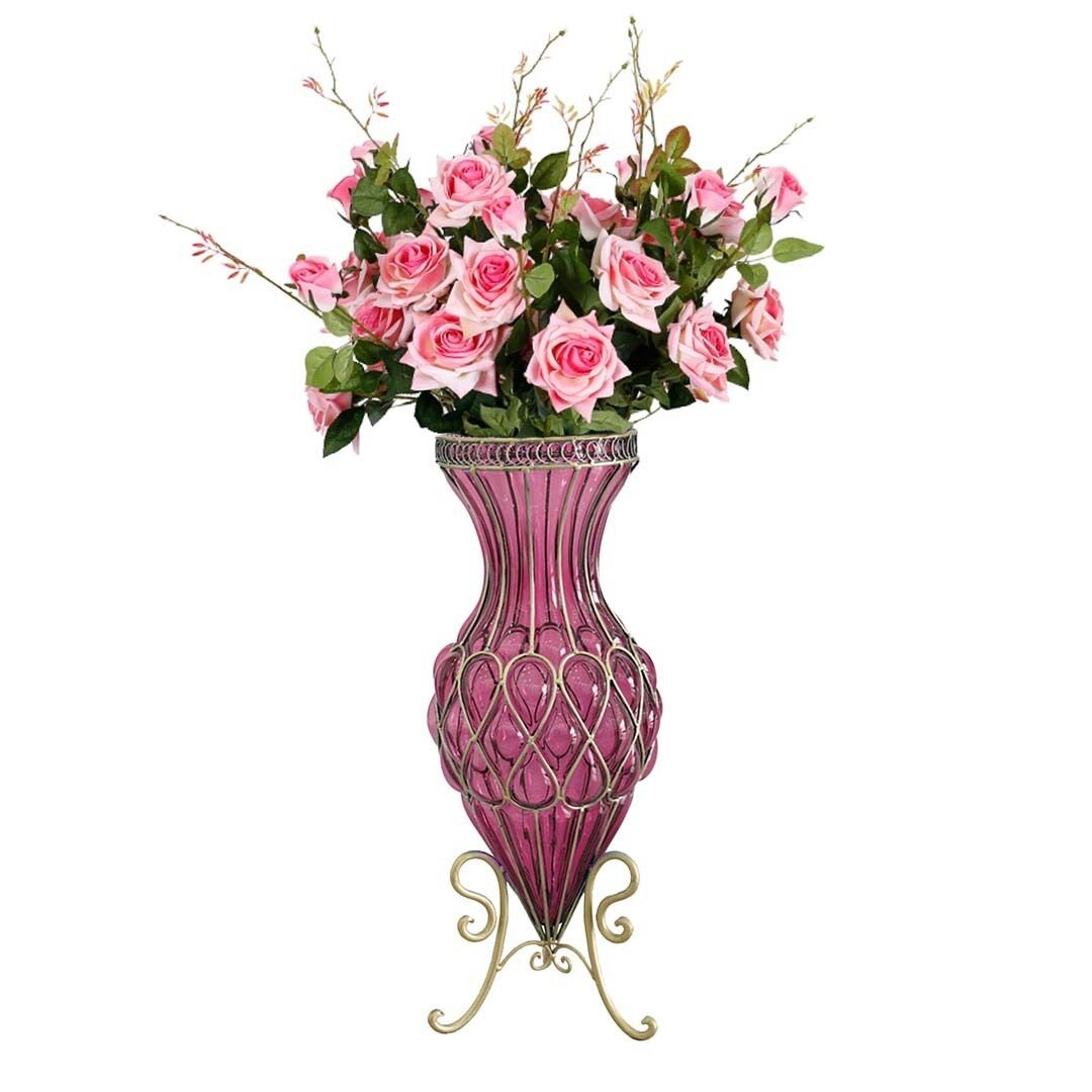 67cm Glass Tall Floor Vase and 12pcs Pink Artificial Fake Flower Set Price