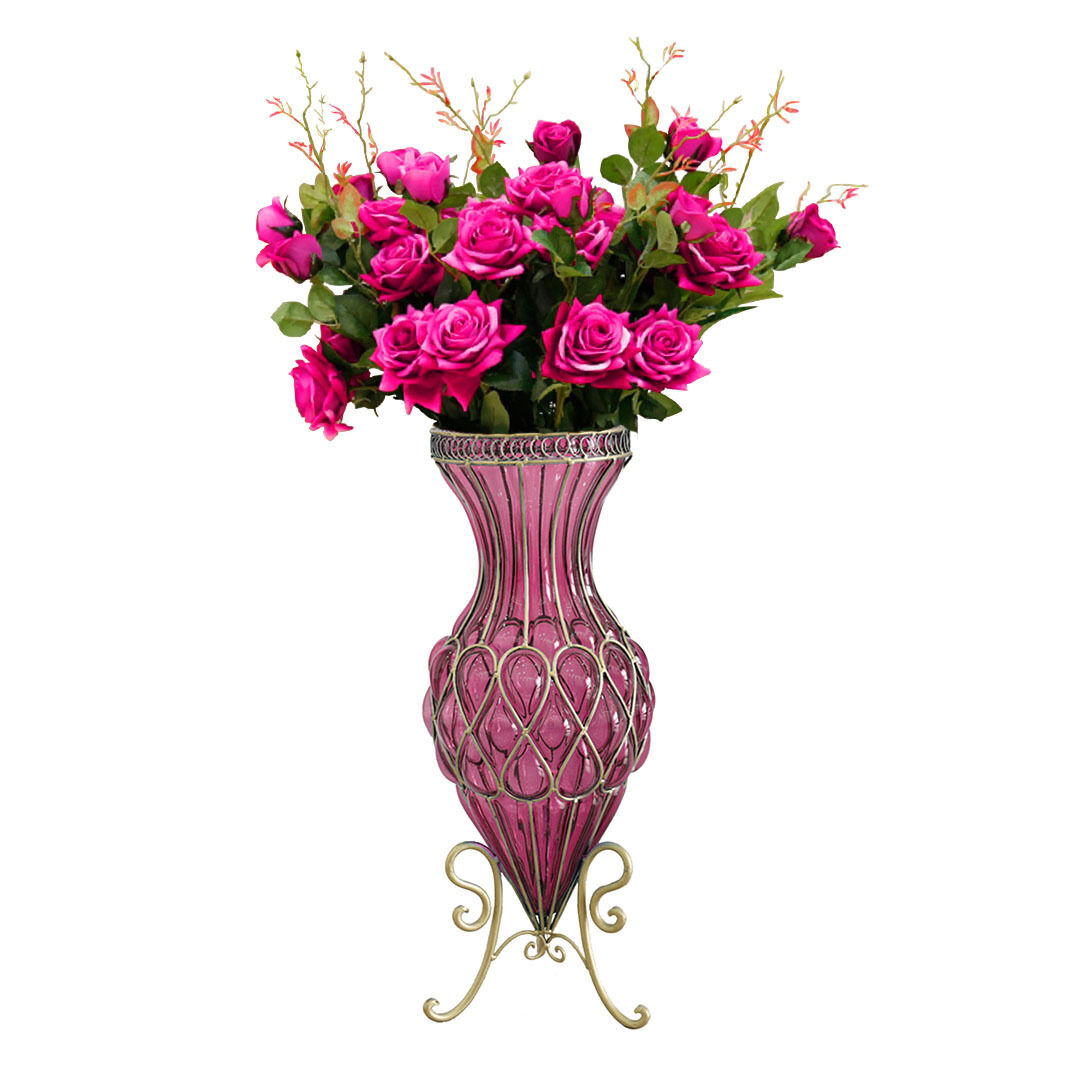 67cm Glass Tall Floor Vase and 12pcs Dark Pink Artificial Fake Flower Set Price