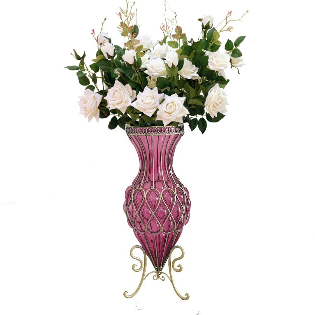 67cm Glass Tall Floor Vase and 12pcs White Artificial Fake Flower Set Price