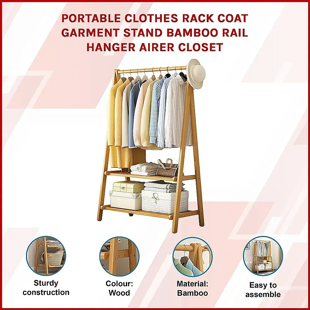 Portable Clothes Rack Coat Garment Stand Bamboo Rail Hanger Airer Closet.. Price