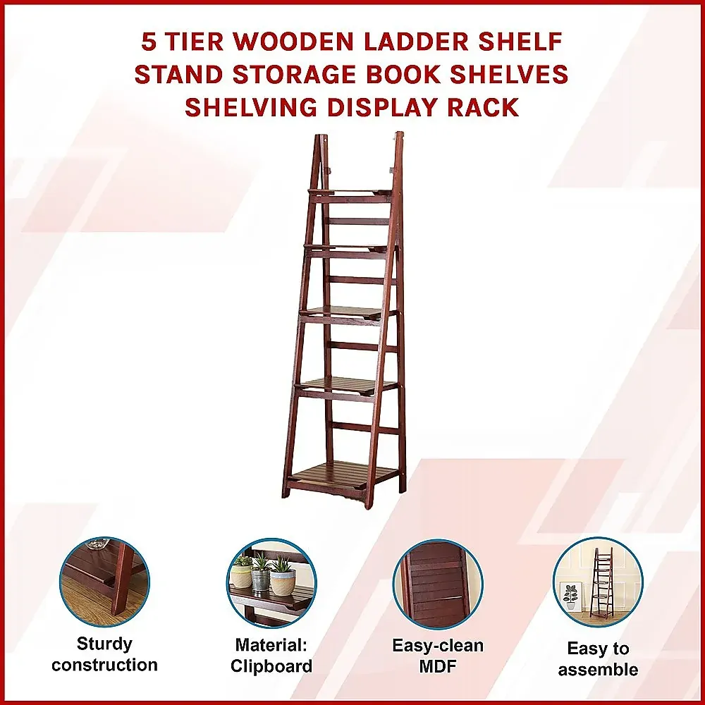 5 Tier Wooden Ladder Shelf Stand Storage Book Shelves Shelving Display Rack Price