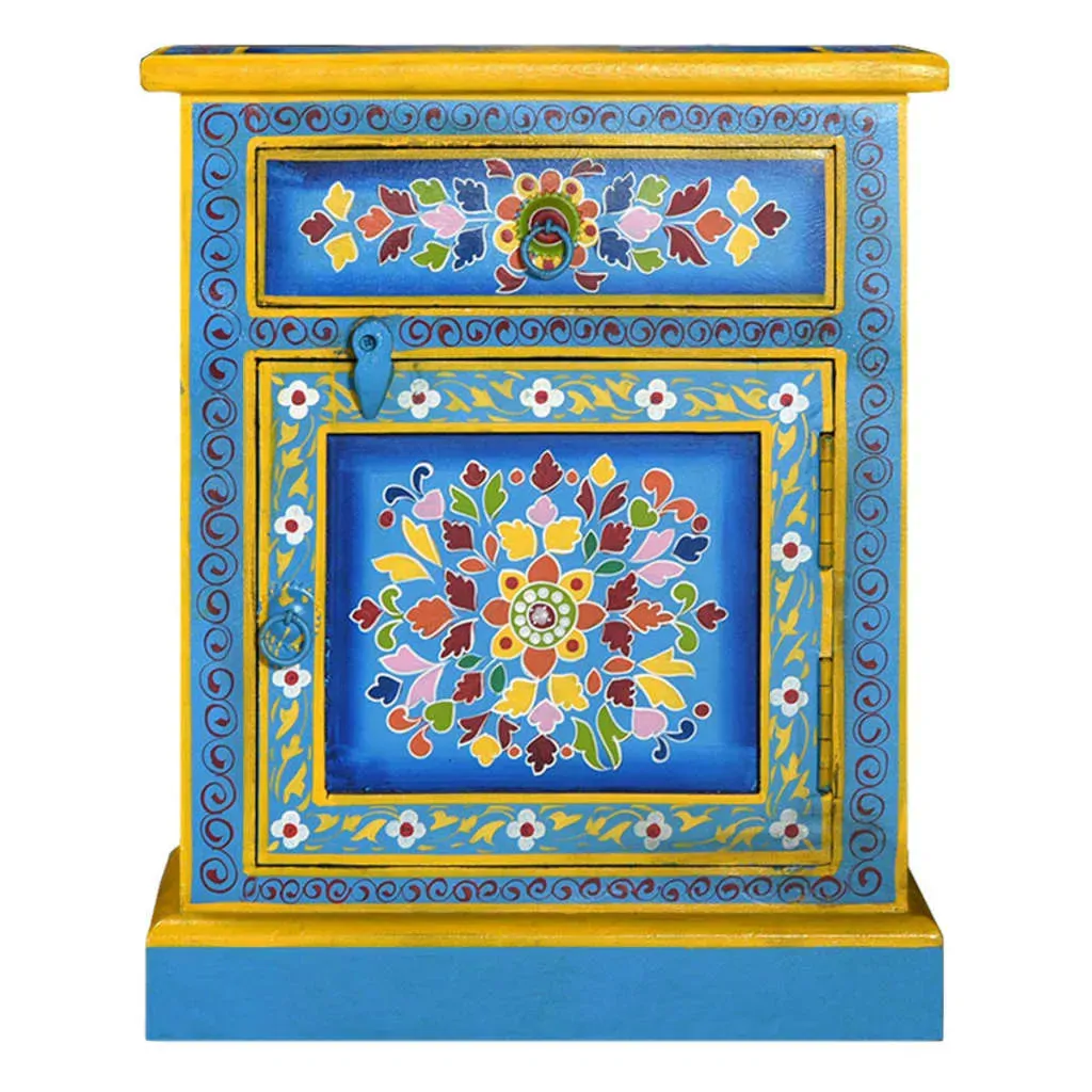 Waltham Bedside Cabinet Solid Mango Wood Turquoise Hand Painted Price