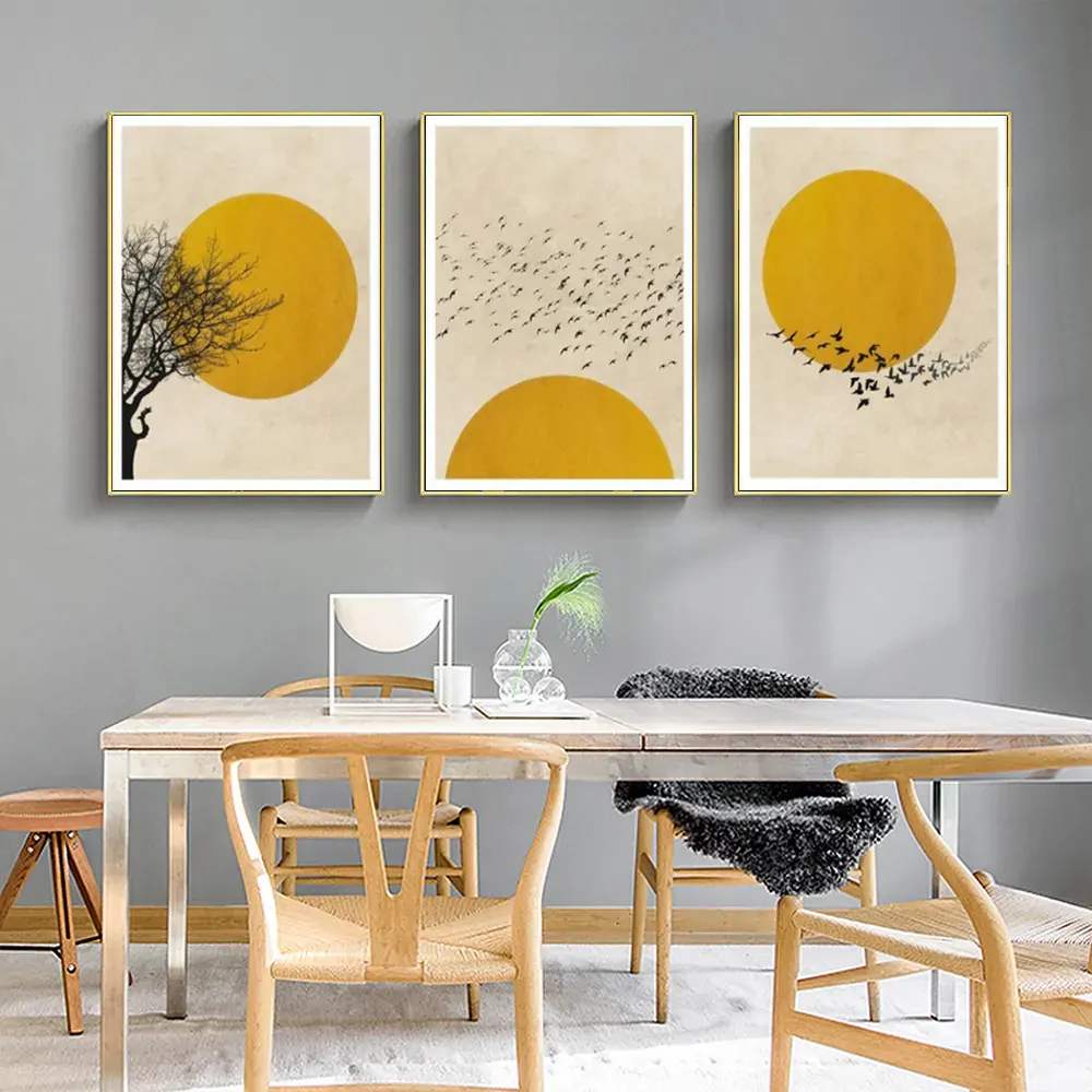 Flock Of Birds Sun Silhouette 3 Sets Gold Frame Canvas Wall Art Price