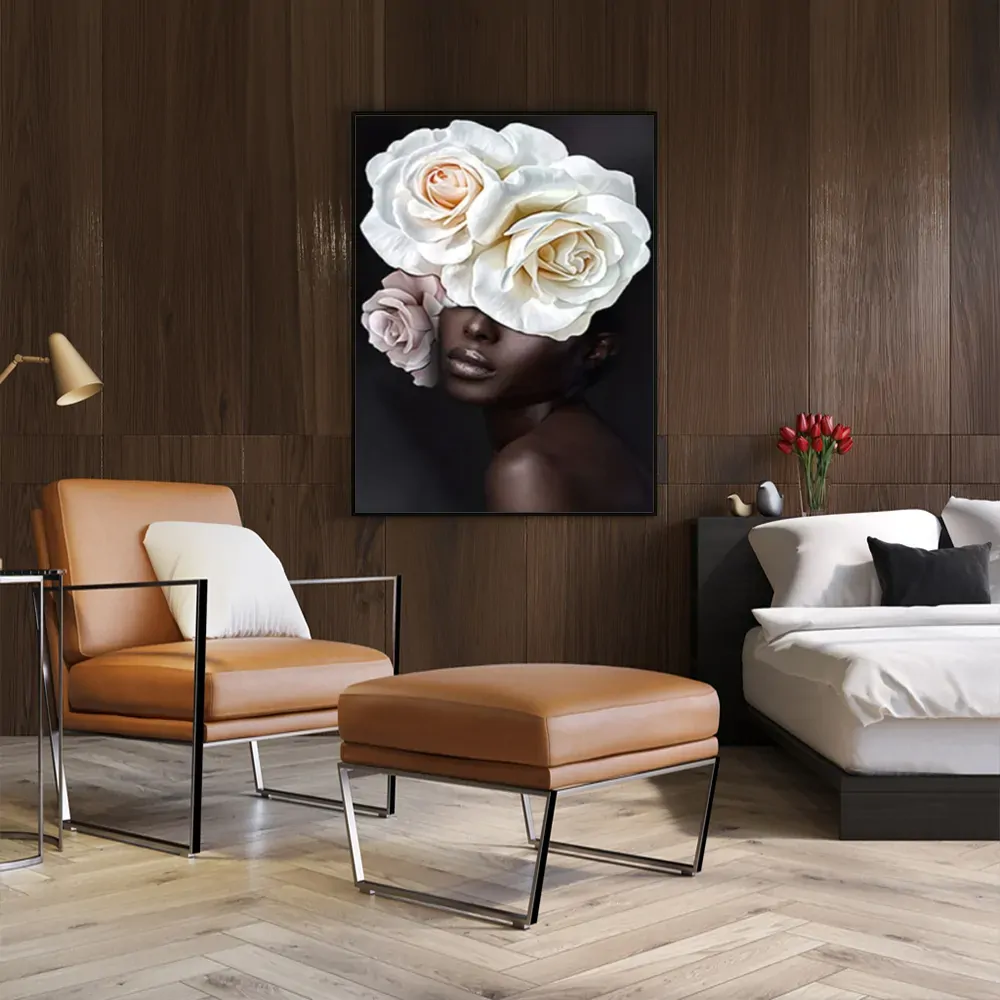 Flower African Woman Black Frame Canvas Wall Art Price