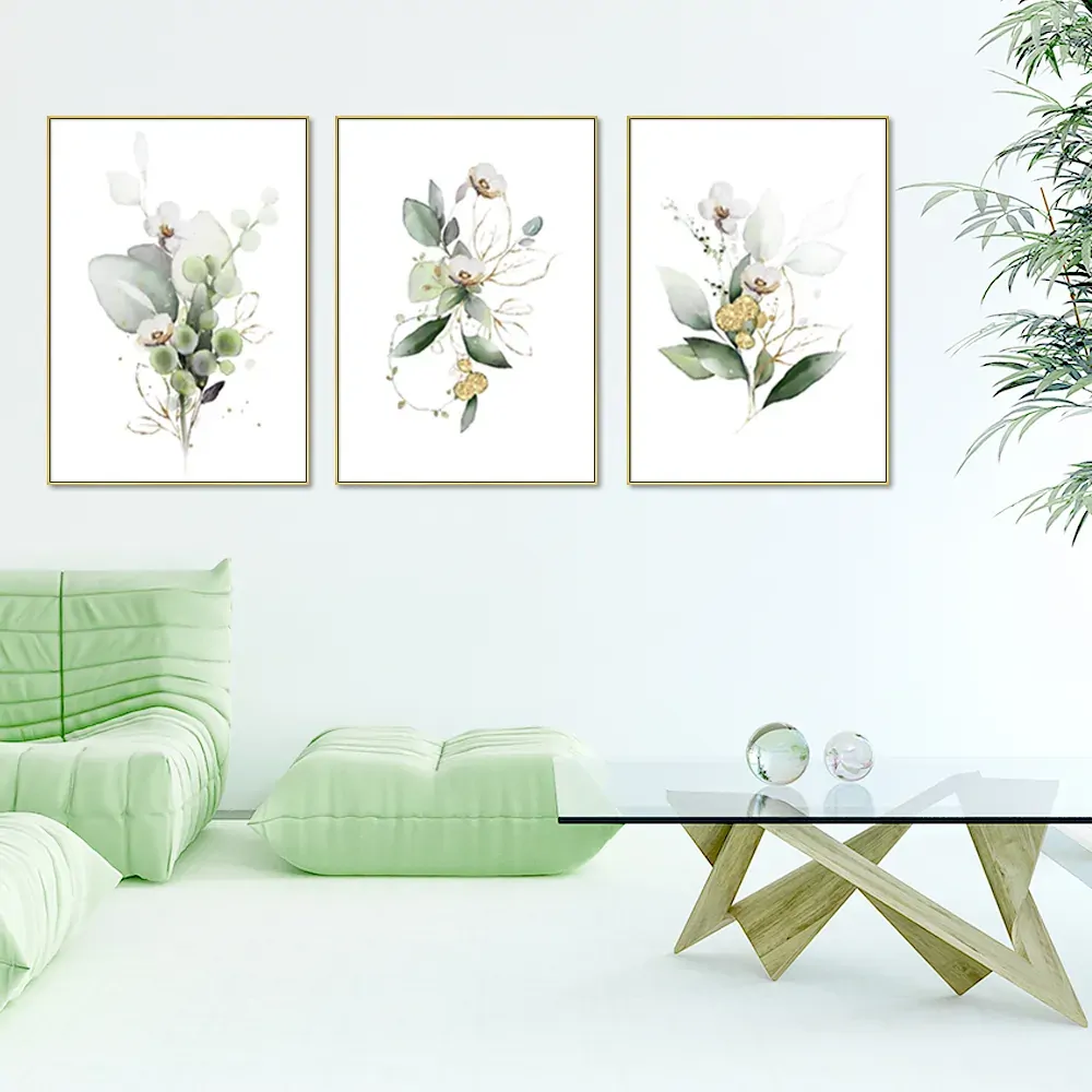 Green and Gold Watercolor Botanical 3 Sets Gold Frame Canvas Wall Art Price