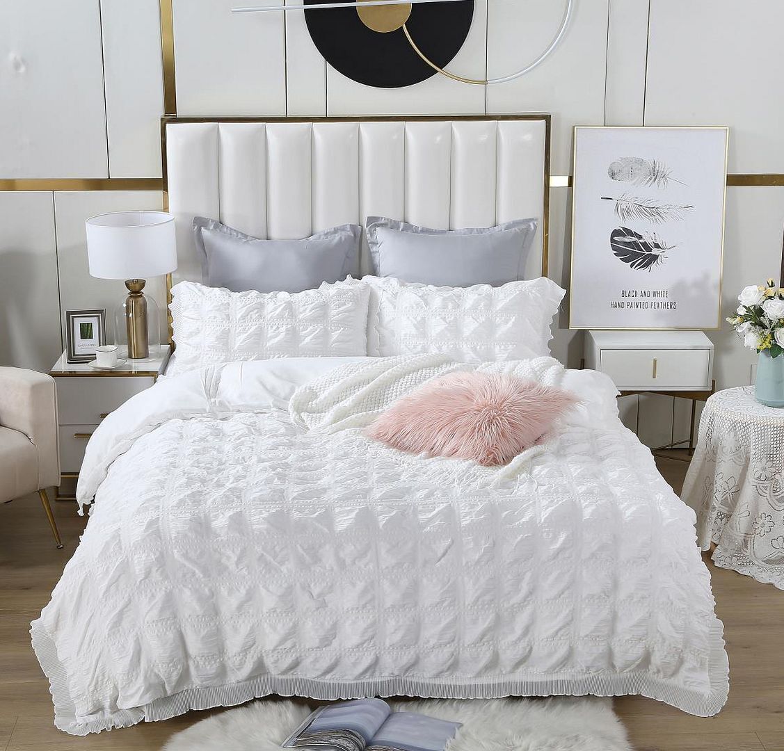 Ruffles Textured Jacquard Queen Size white Duvet Doona Quilt Cover Set Price