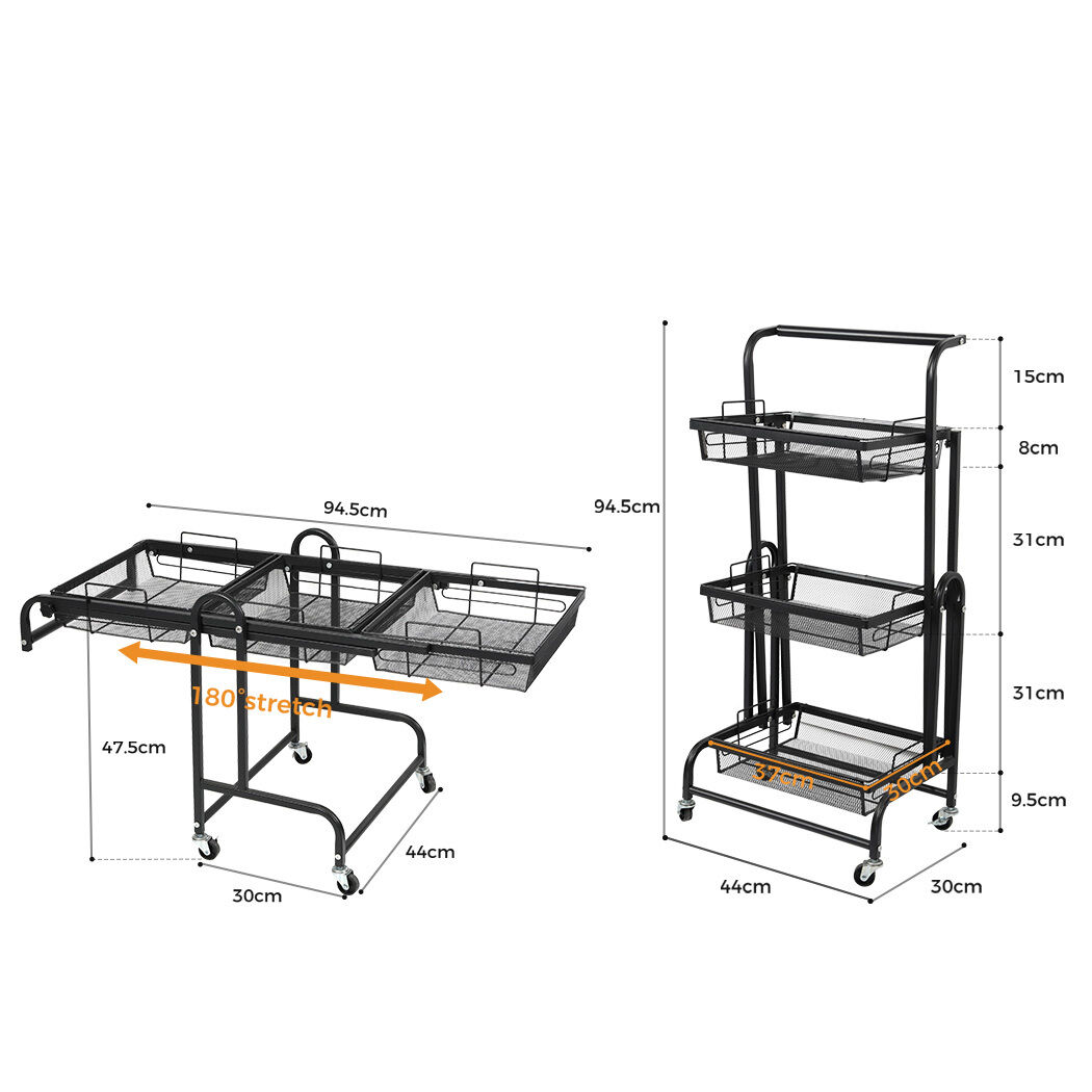 3 Tier Kitchen Trolley Cart Swivel Black Colour Price
