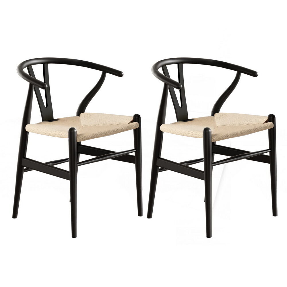 1 Set of 2 Artiss Dining Chairs Wooden Rattan Wishbone Black Price