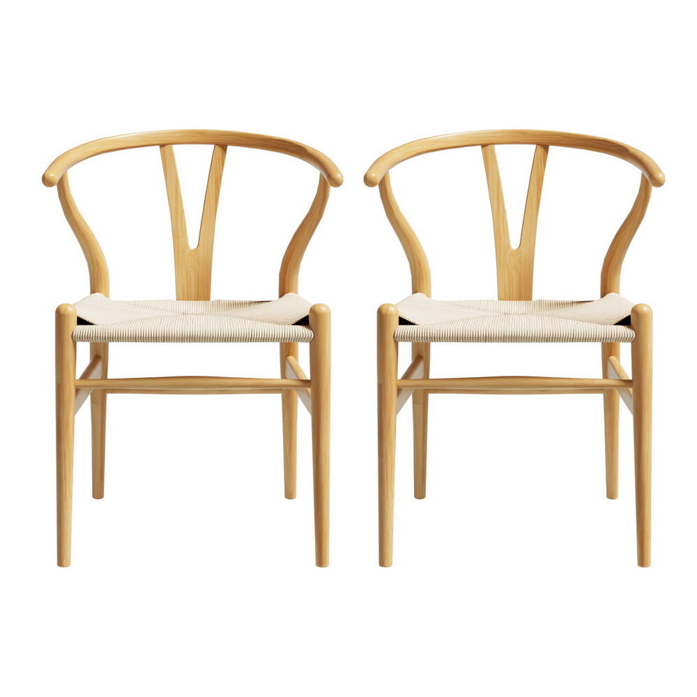 1 Set of 2 Artiss Dining Chairs Wooden Rattan Seat Wishbone Back Price