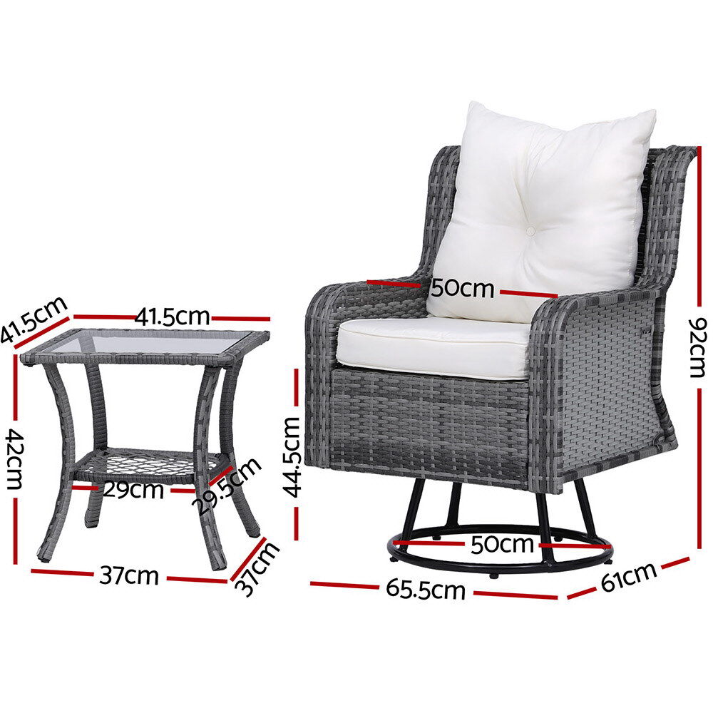 Gardeon 3PC Outdoor Furniture Bistro Set Lounge Wicker Swivel Chairs Table Cushion Grey Price