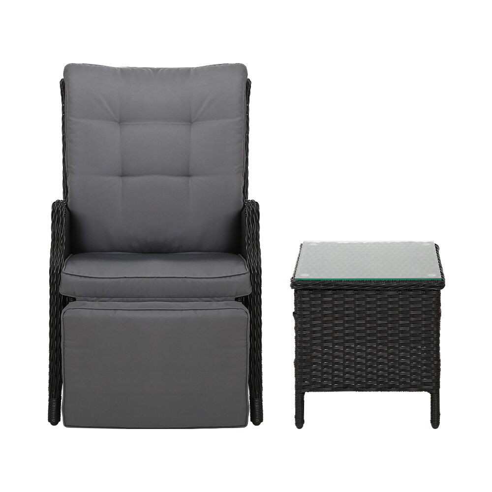 3PC Recliner Chairs Table Sun lounge Outdoor Furniture Wicker Adjustable Black Price