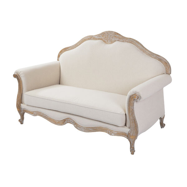Oak Wood White Washed Finish Rolled Armrest 2 Seater Sofa Linen Fabric Price