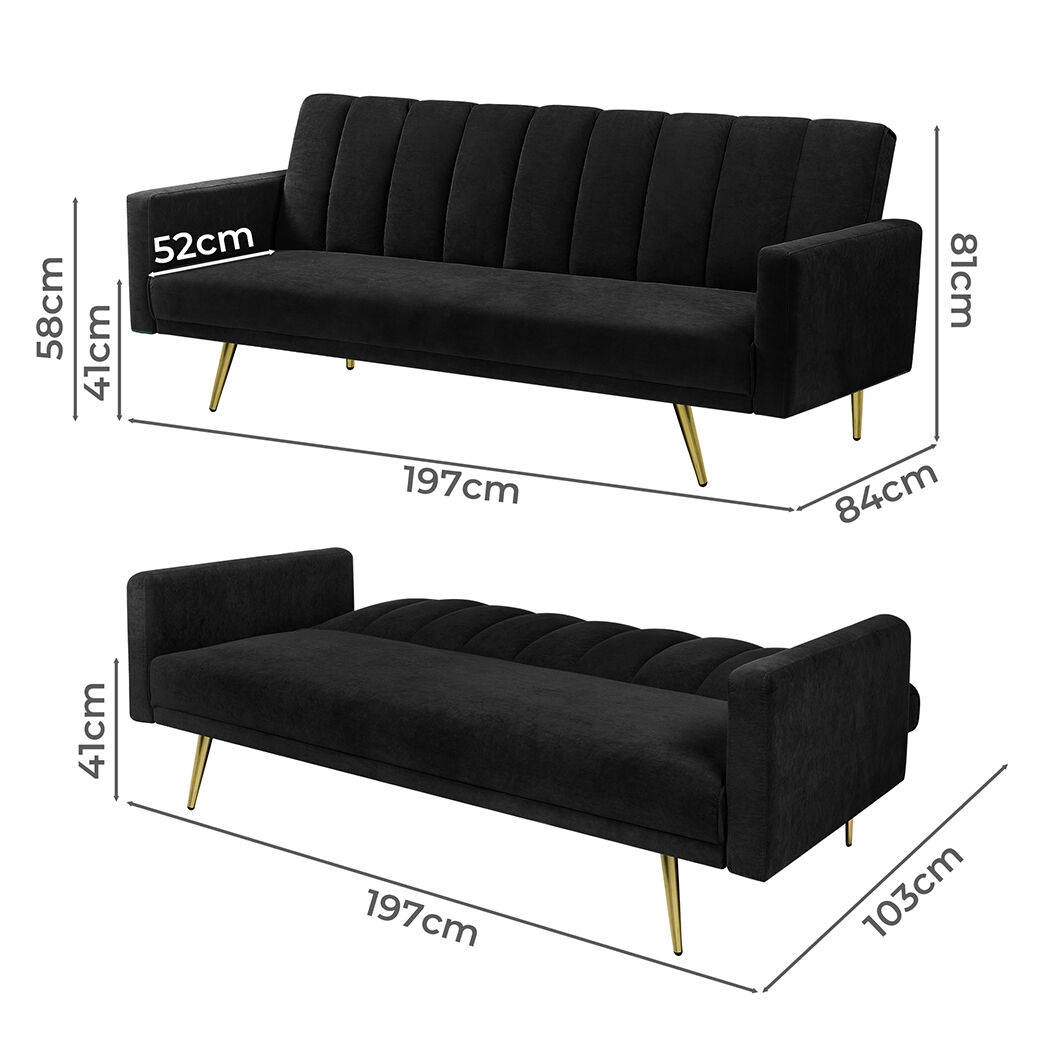 Sofa Bed Convertible Velvet Lounge Recliner Couch Sleeper 3 Seater Black Price