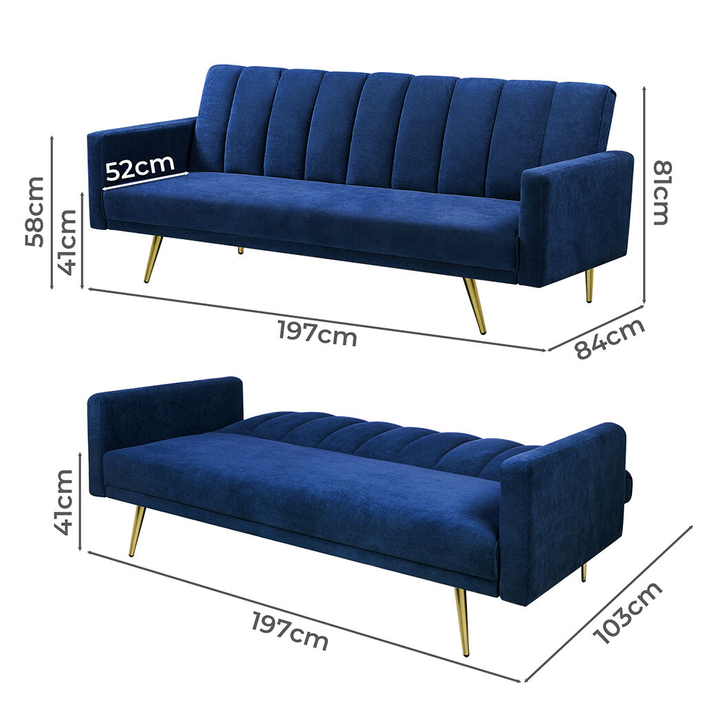 Sofa Bed Convertible Velvet Lounge Recliner Couch Sleeper 3 Seater Blue Price
