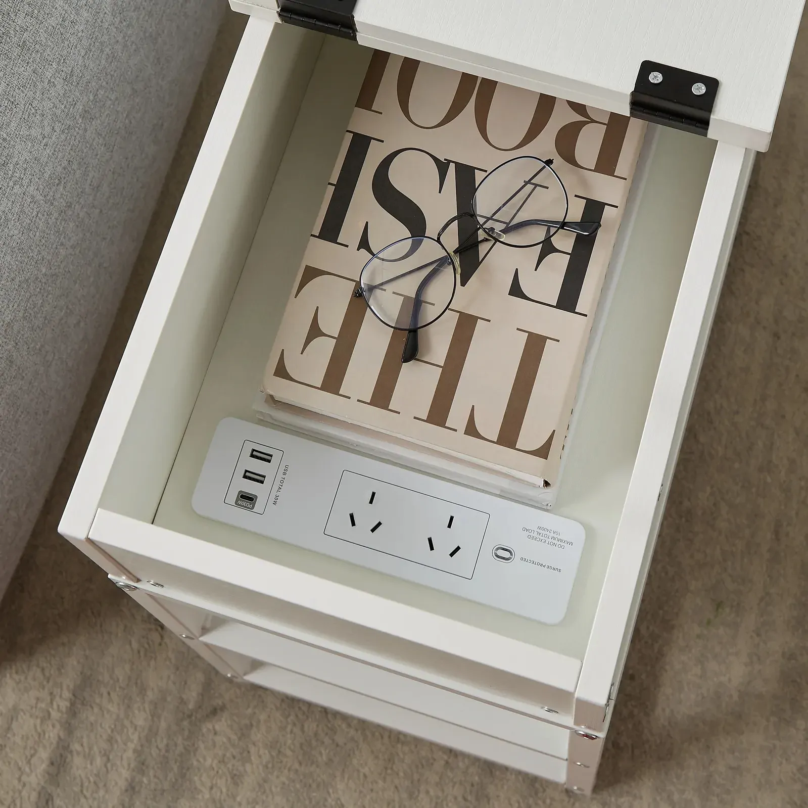 Multi-Tier Bedside Table with Powerboard, White Price