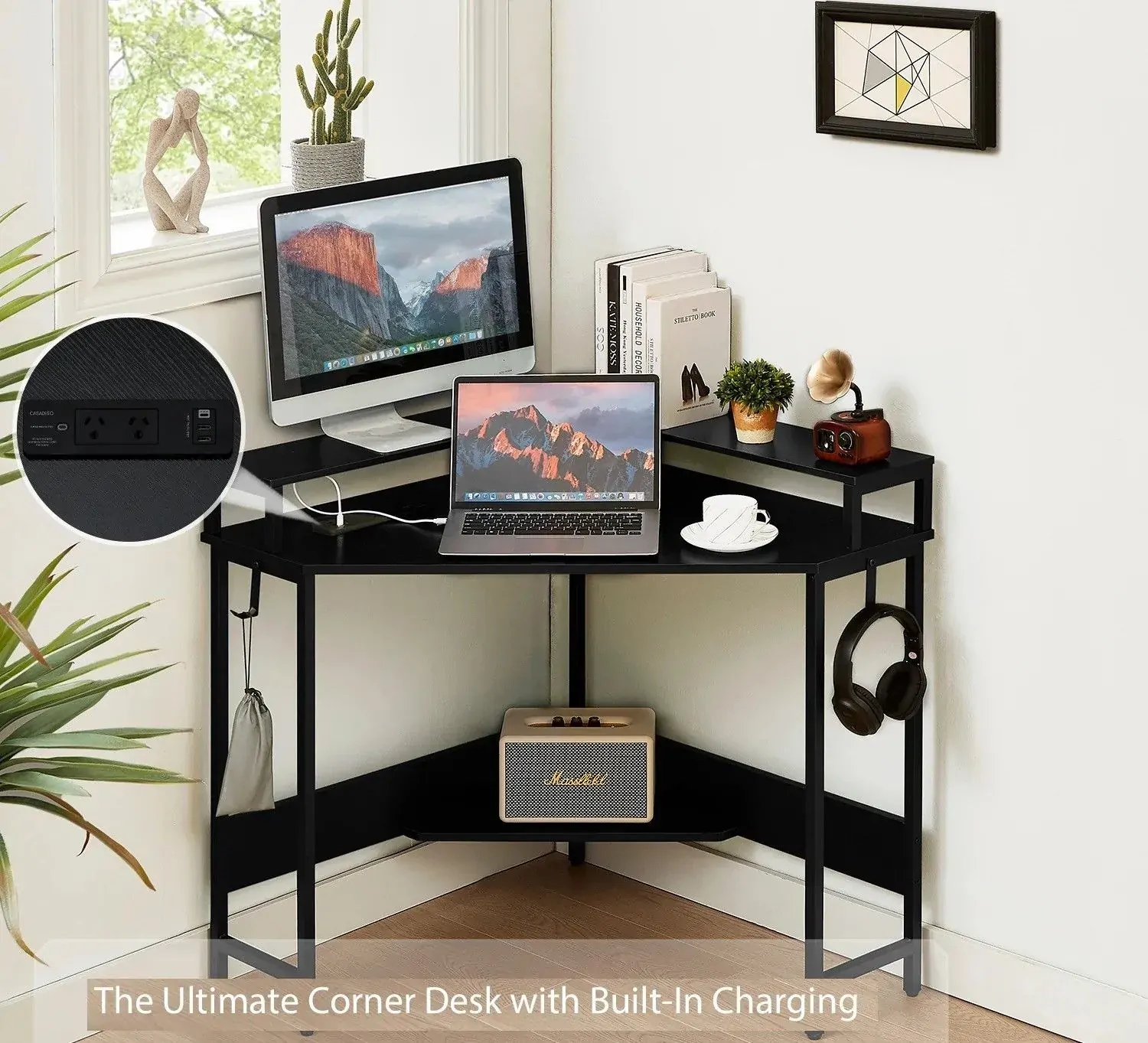 L-Shaped Desk with Built-In Charging Station, Black Price