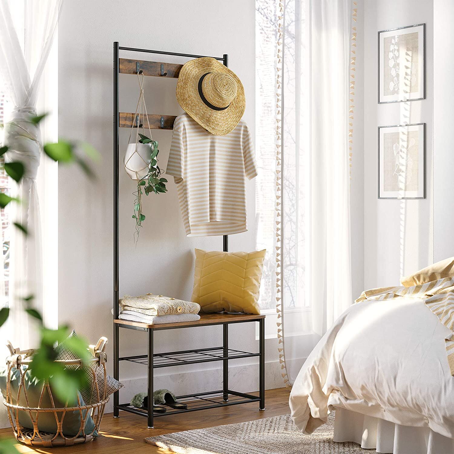 Rustic Brown Coat Rack Stand with Hallway Shoe Rack and Bench with Shelves Matte Metal Frame Height 175 cm Price