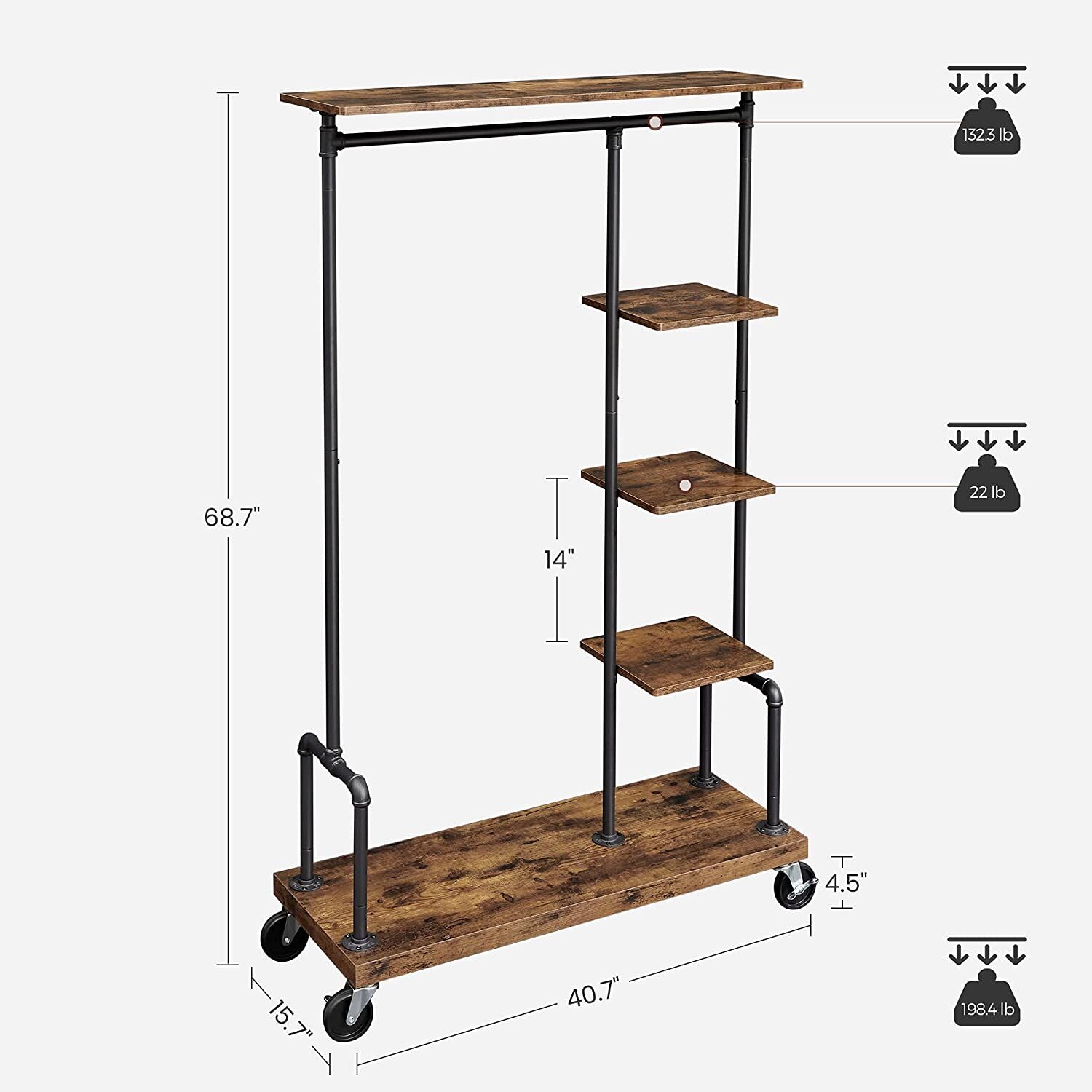 Clothing Garment Rack on Wheels with 5-Tier, Industrial Pipe Style, Rustic Brown Price