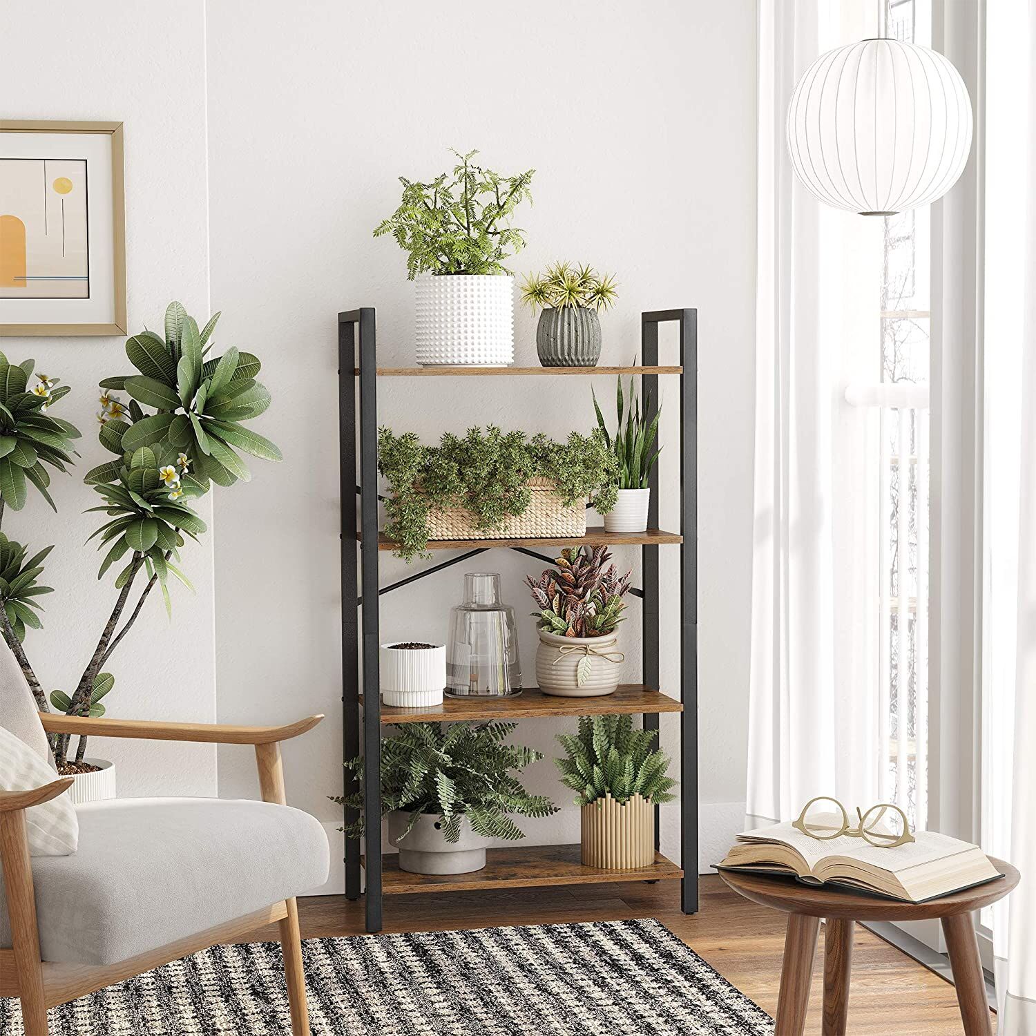 4-Tier Storage Rack with Steel Frame, 120 cm High, Rustic Brown and Black Price