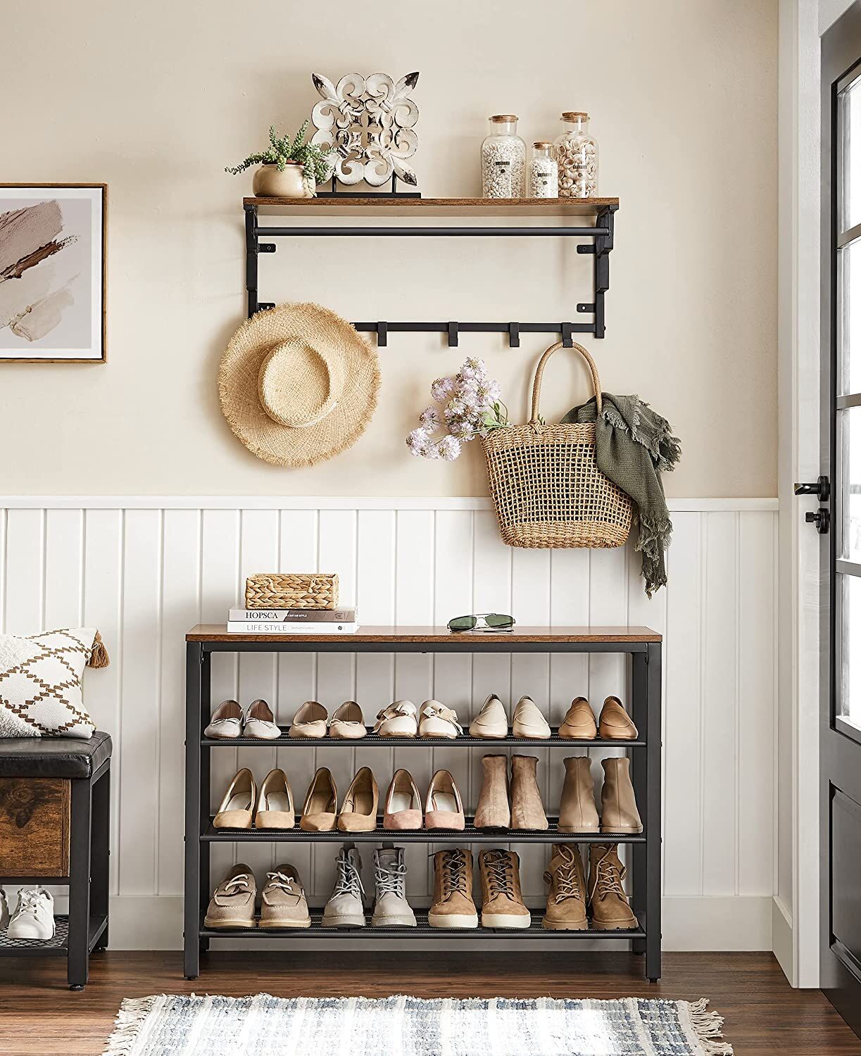 Shoe Rack with 3 Mesh Shelves Rustic Brown and Black Price