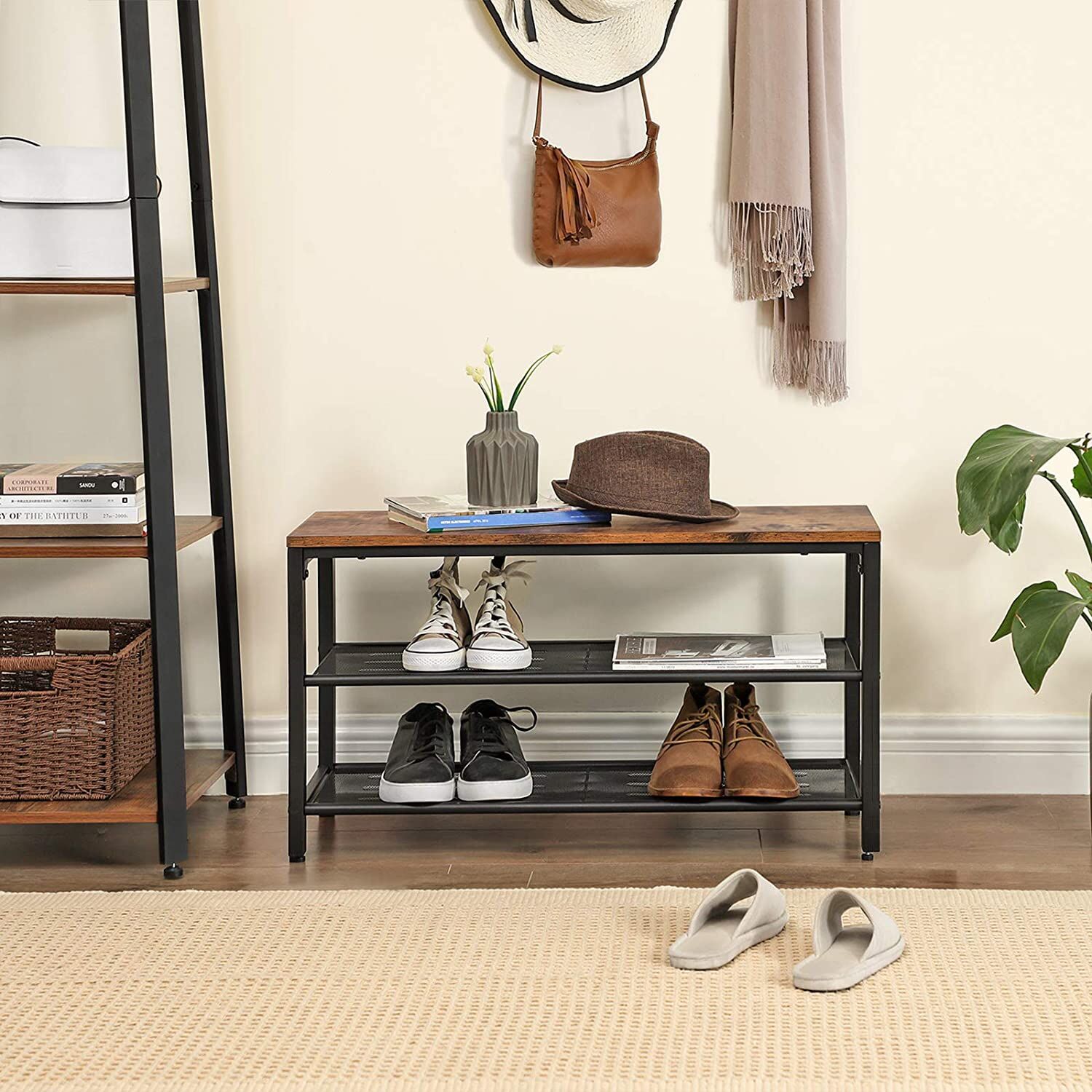 Shoe Rack with 2 Mesh Shelves, Rustic Brown and Black Price