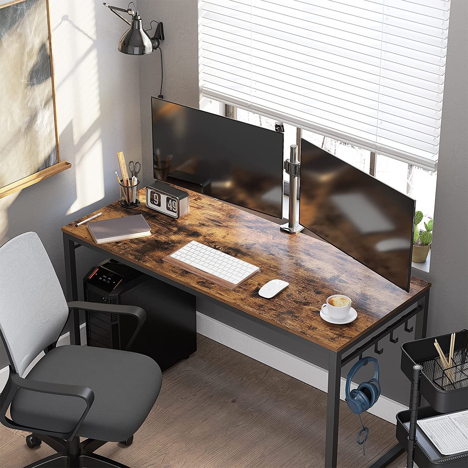 Home Office Desk with 8 Hooks 140 x 60 x 75 cm Rustic Brown and Black Price