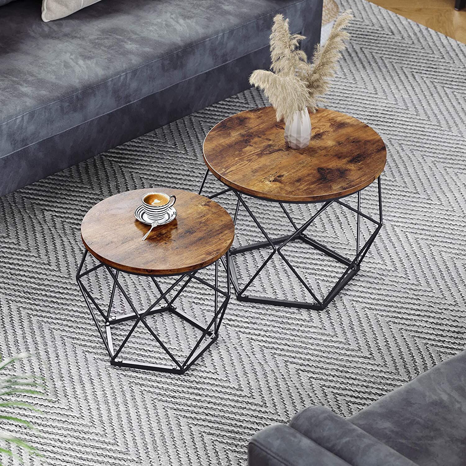 Walton Set of 2 Side Tables Robust Steel Frame Rustic Brown and Black Price