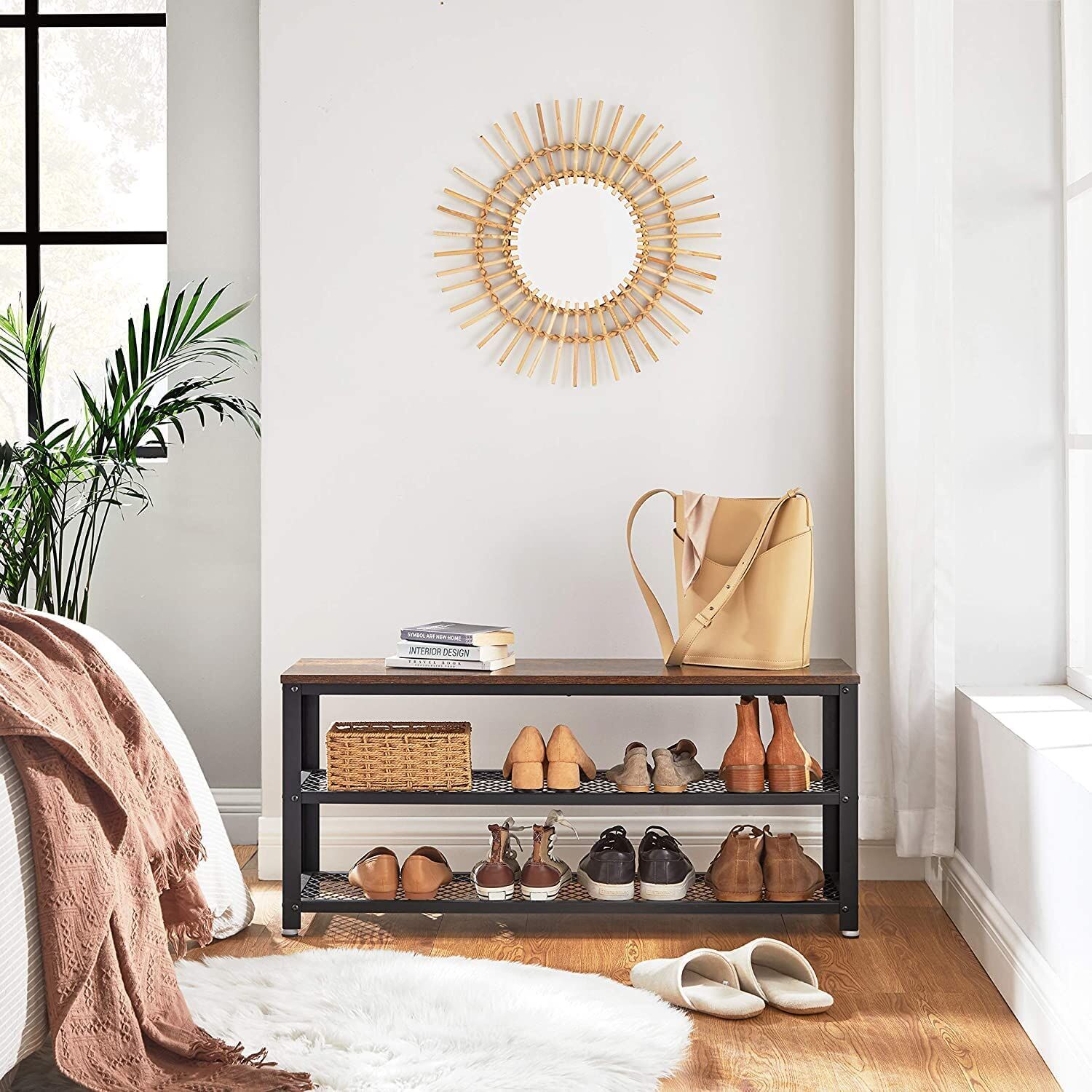 Shoe Rack with 2 Shelves 100 x 30 x 45 cm Rustic Brown and Black Price
