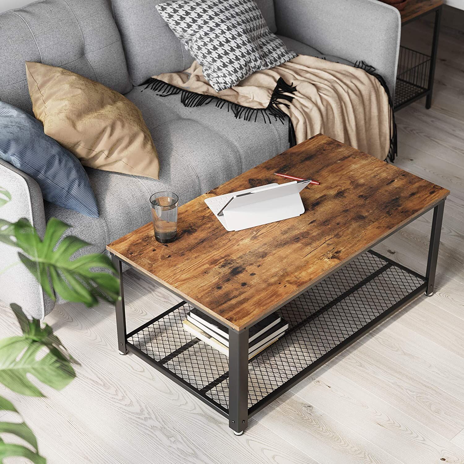 Coffee Table with Metal Frame Storage Shelf Rustic Brown Price