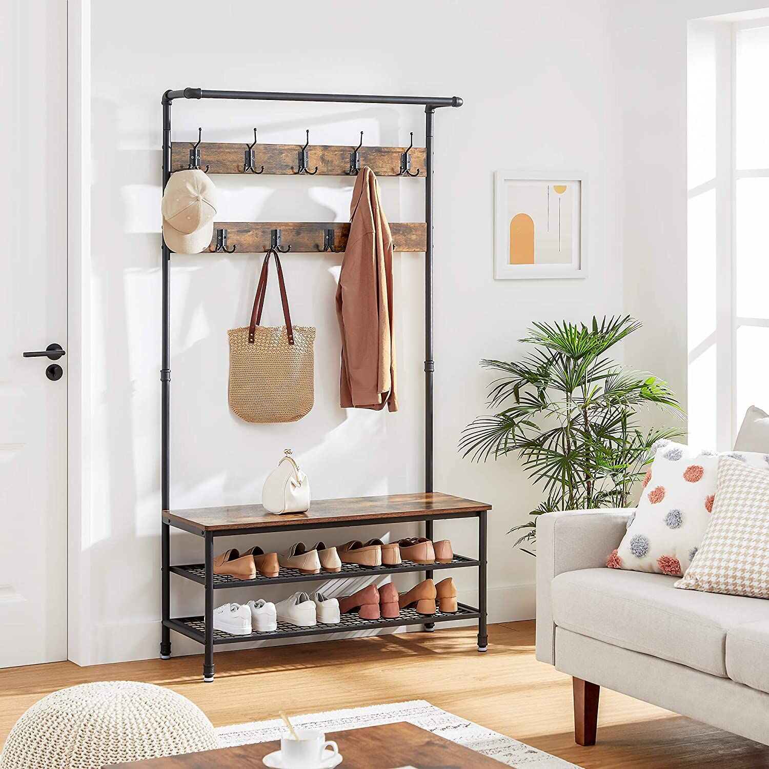 Coat Rack Stand with 9 Hooks and Shoe Rack with Industrial Style Sturdy Steel Frame Price