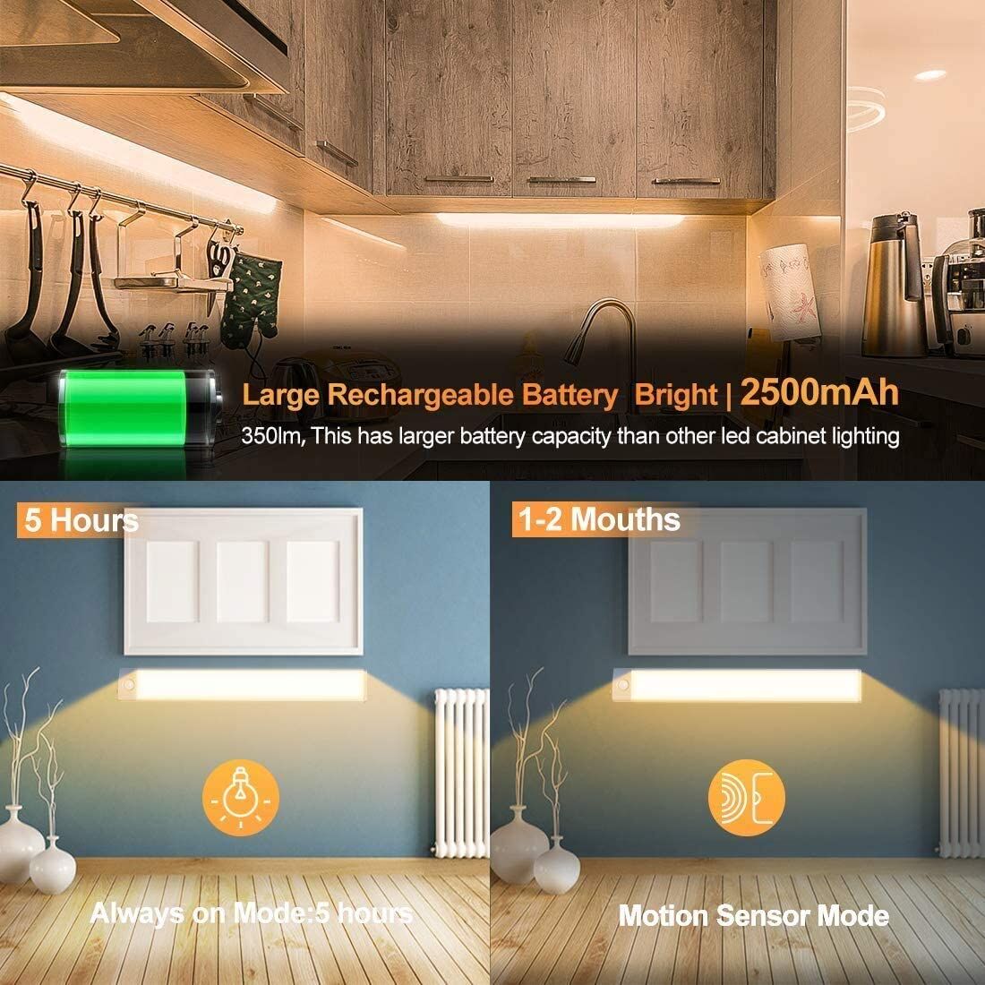 54 LED Rechargeable Under Cabinet Night Lighting for Kitchen and Bedroom (Silver and Yellow Light) Price