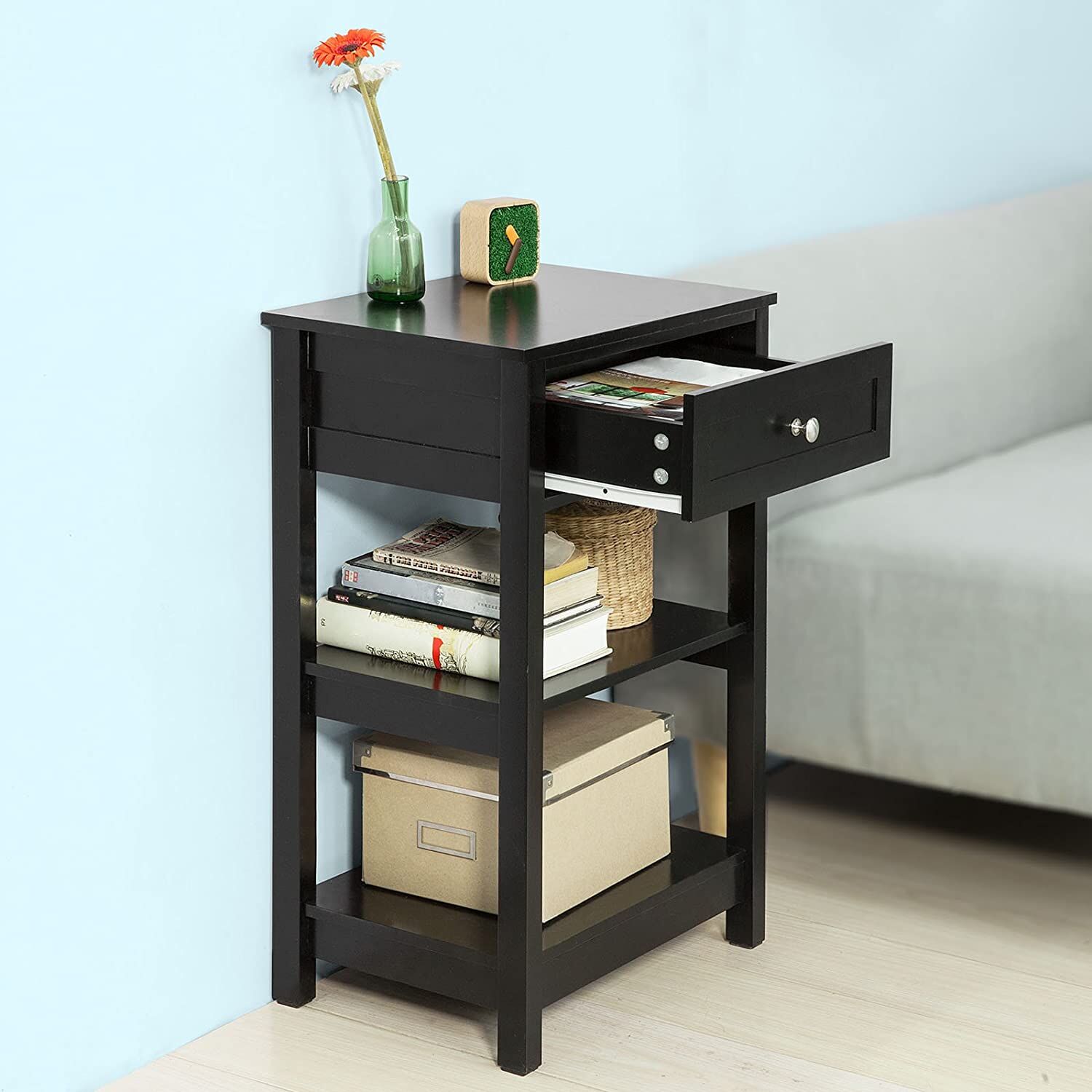 Tuscaloosa Black Bedside Table with 1 Drawer and 2 Shelves Price