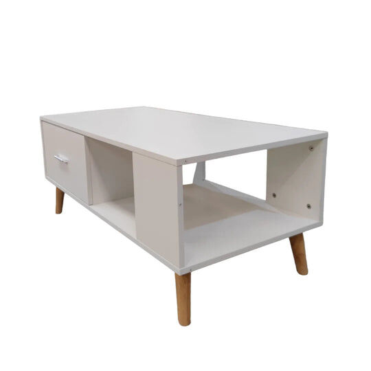 White Coffee Table Storage Drawer & Open Shelf With Wooden Legs Price