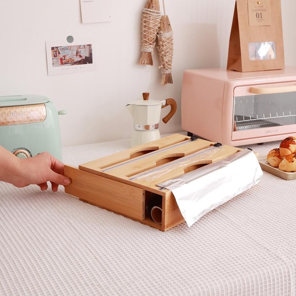 3 Grids Bamboo Food Wrap Dispenser Cutter Foil Cling Film Storage Holder Box Kitchen Price
