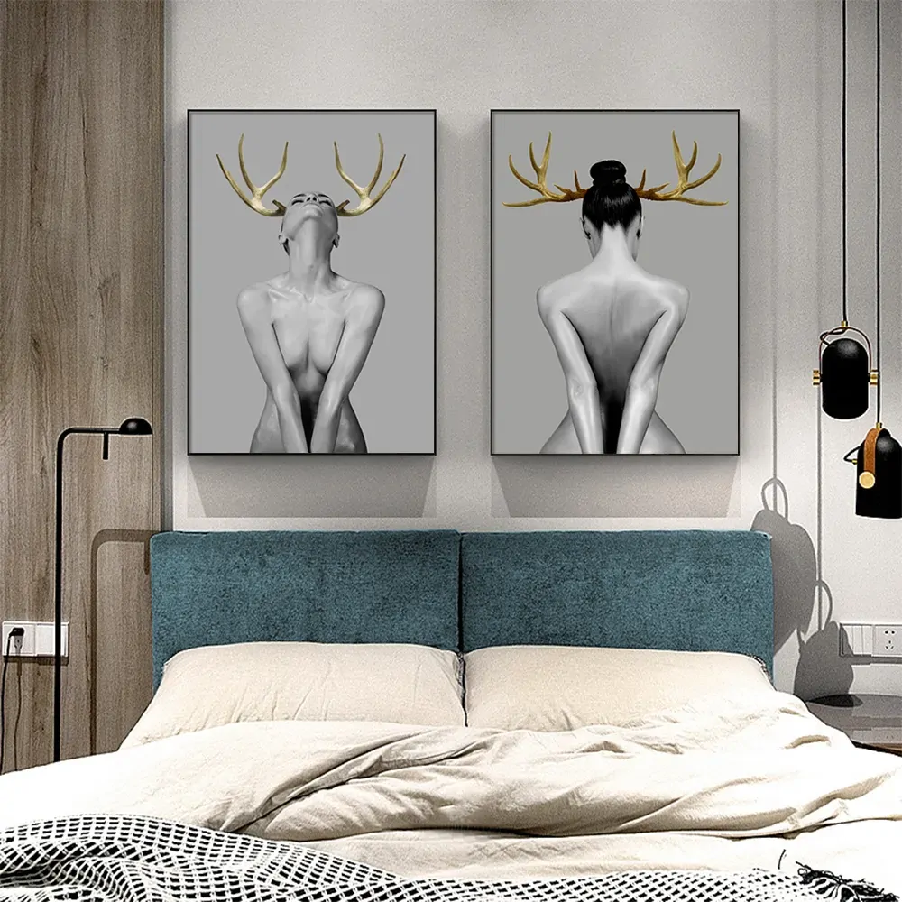 Wall Art 100cmx150cm Girl With Gold Horn 2 Sets Black Frame Canvas Price