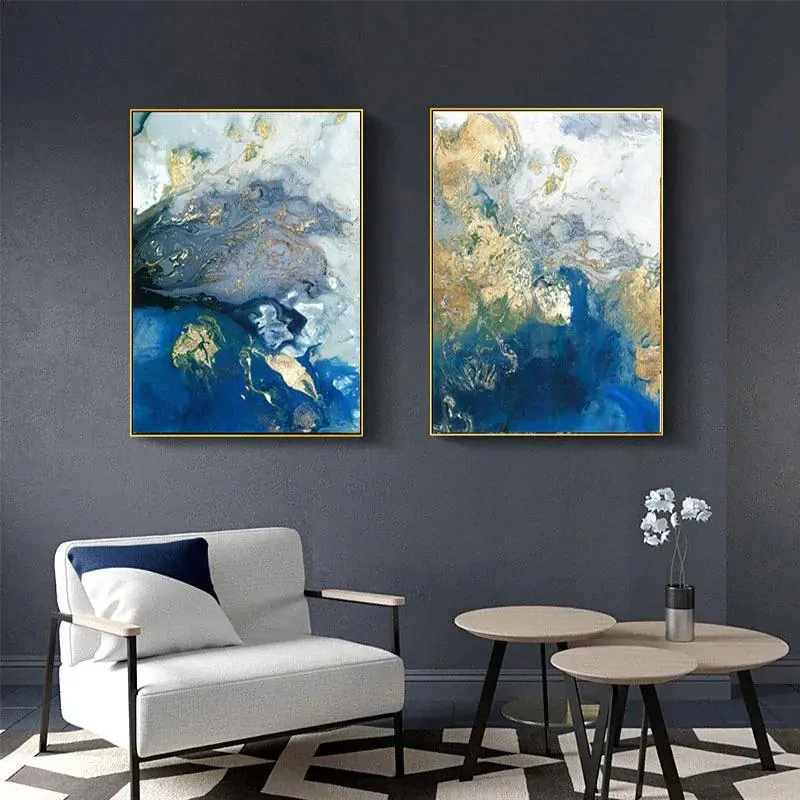 Wall Art 40cmx60cm Marbled Blue And Gold 2 Sets Gold Frame Canvas Price