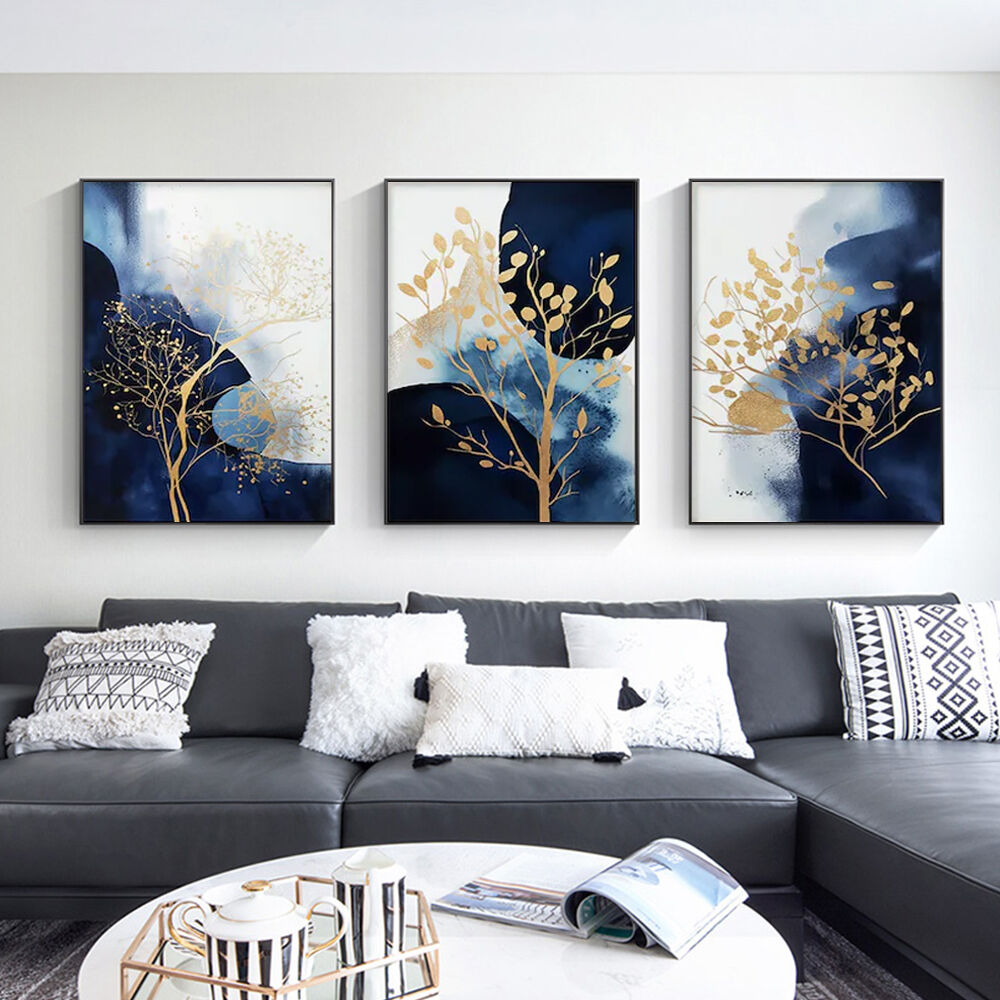 50cmx70cm Navy and Gold Watercolor Shapes 3 Sets Black Frame Canvas Wall Art Price