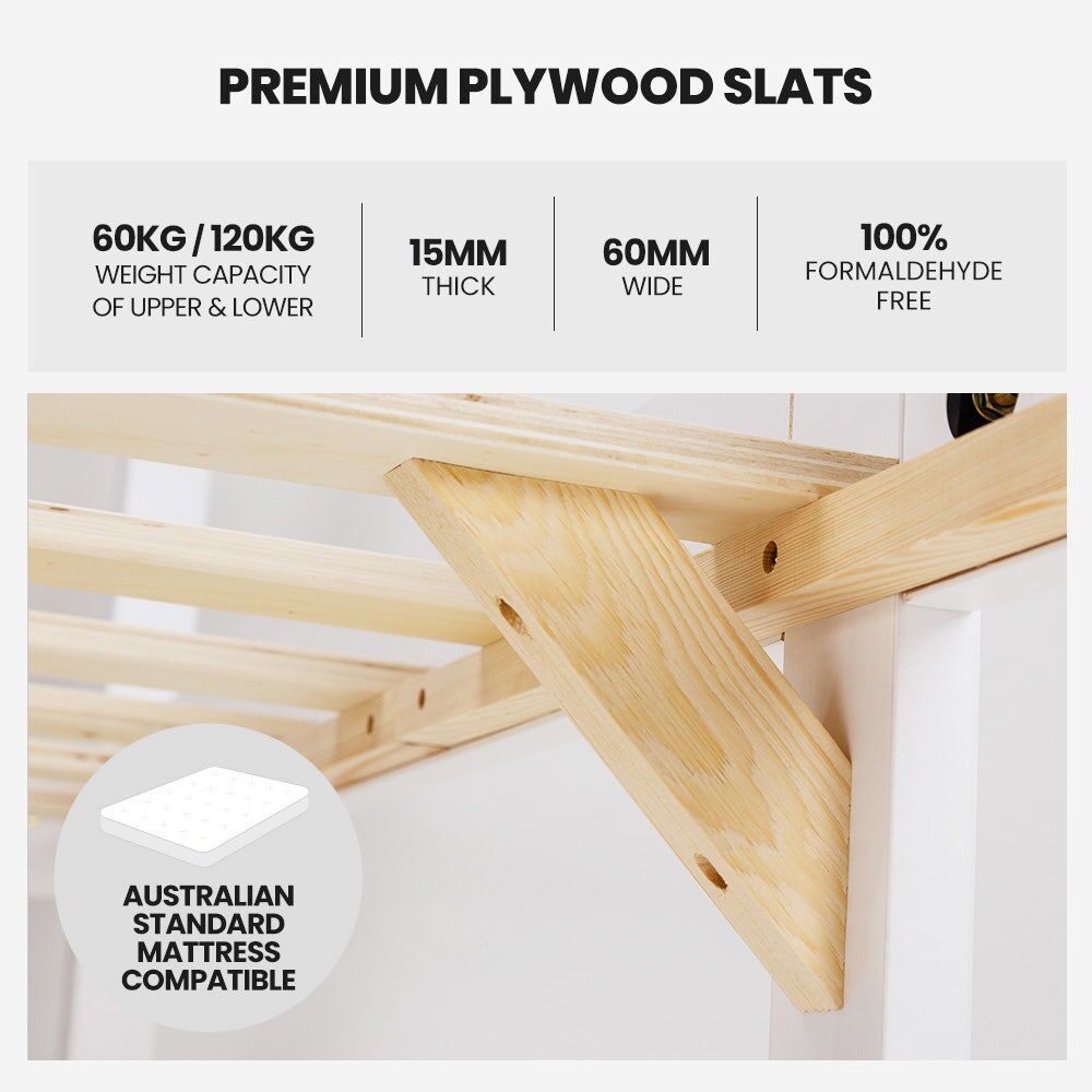 Kingston Slumber Wooden Kids Bunk Bed Frame, with Modular Design that can convert to 2 Single, White Price