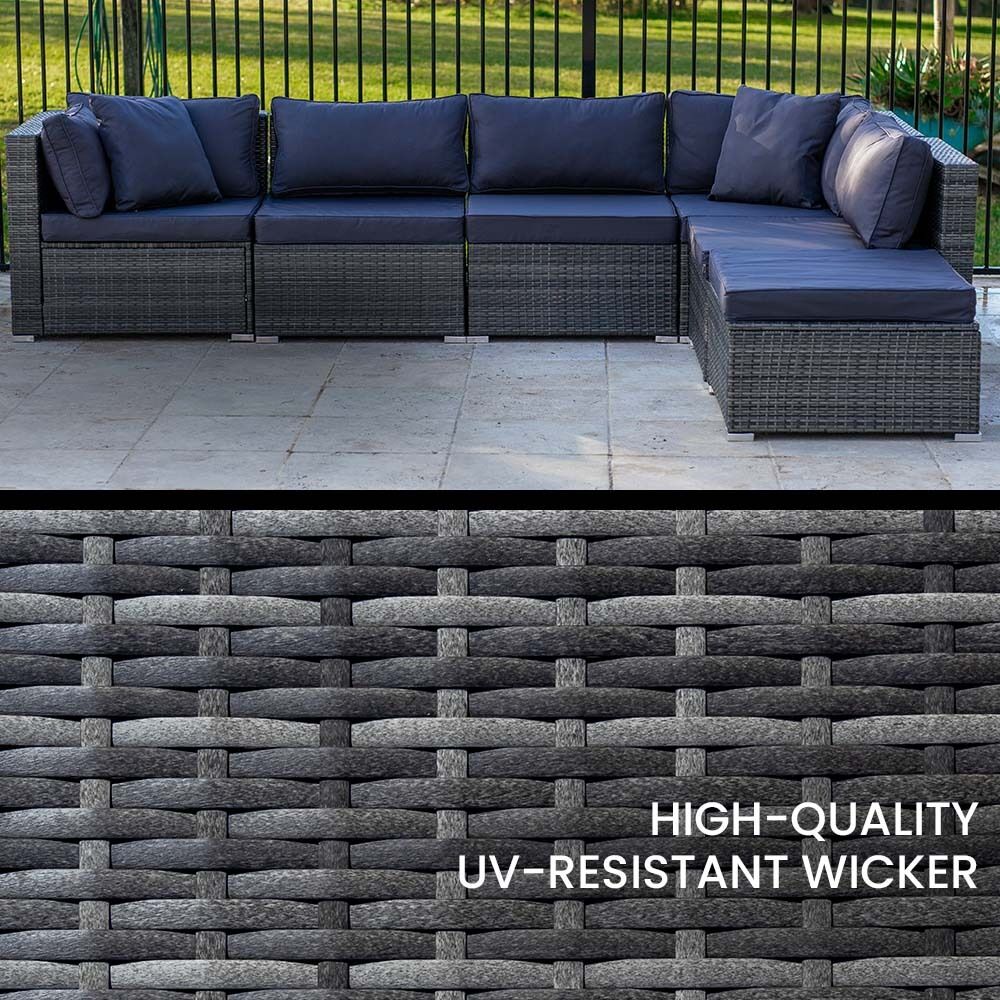 LONDON RATTAN 6 Seater Modular Outdoor Lounge Setting with Ottoman, Grey Price
