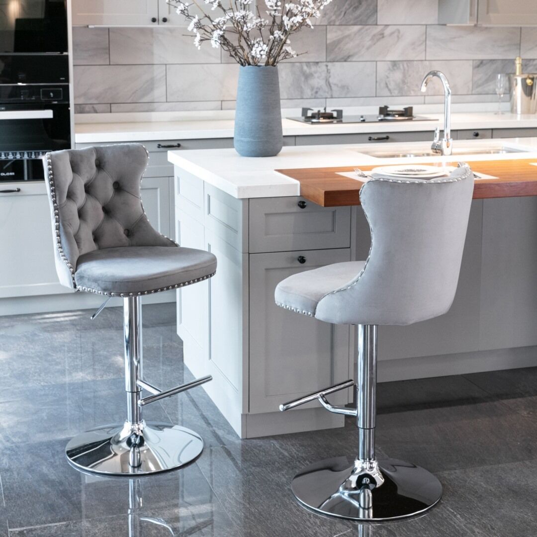 4x Height Adjustable Swivel Bar Stool Velvet Stud Barstool with Footrest and Chromed Base- Gray Price
