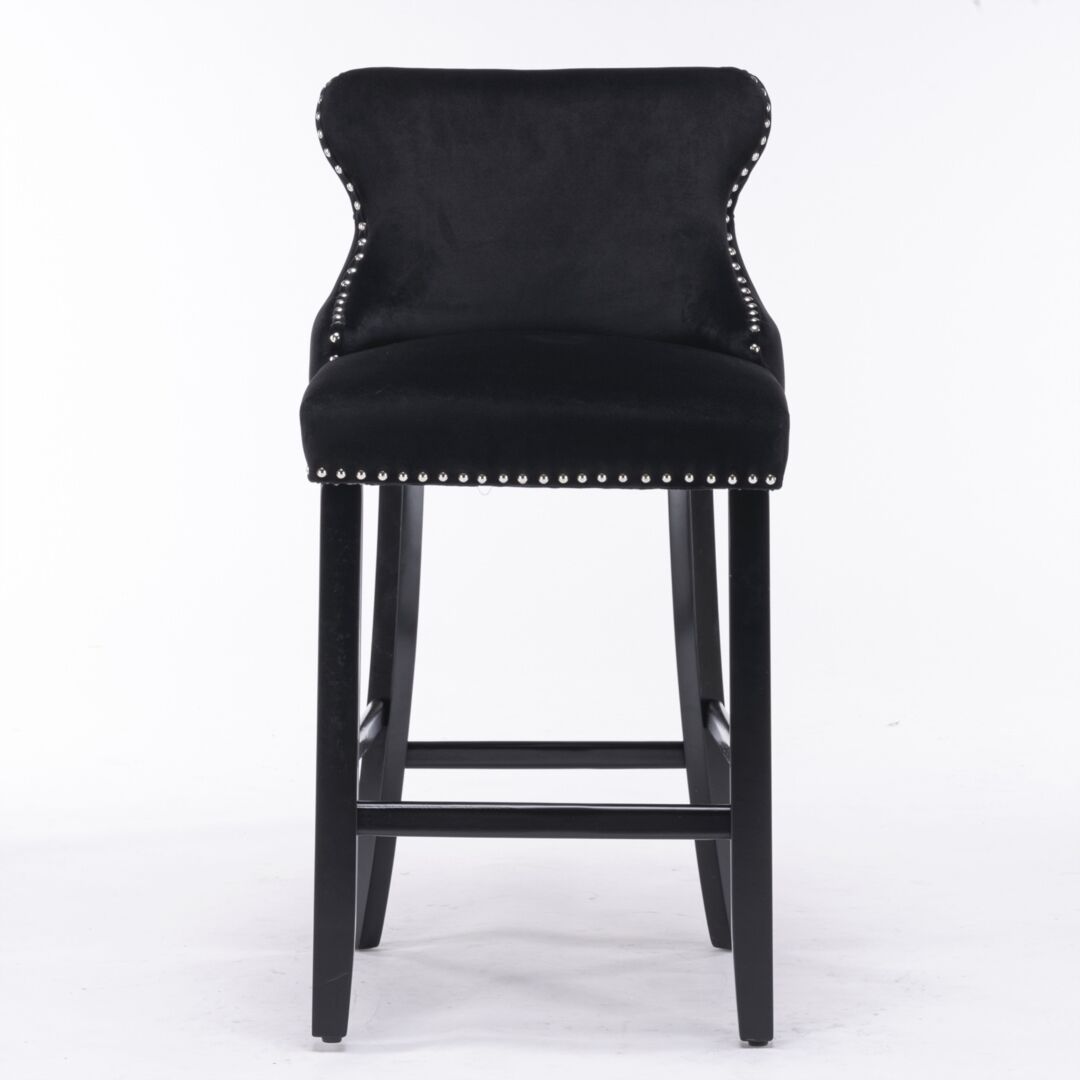 2x Velvet Upholstered Button Tufted Bar Stools with Wood Legs and Studs-Black Price
