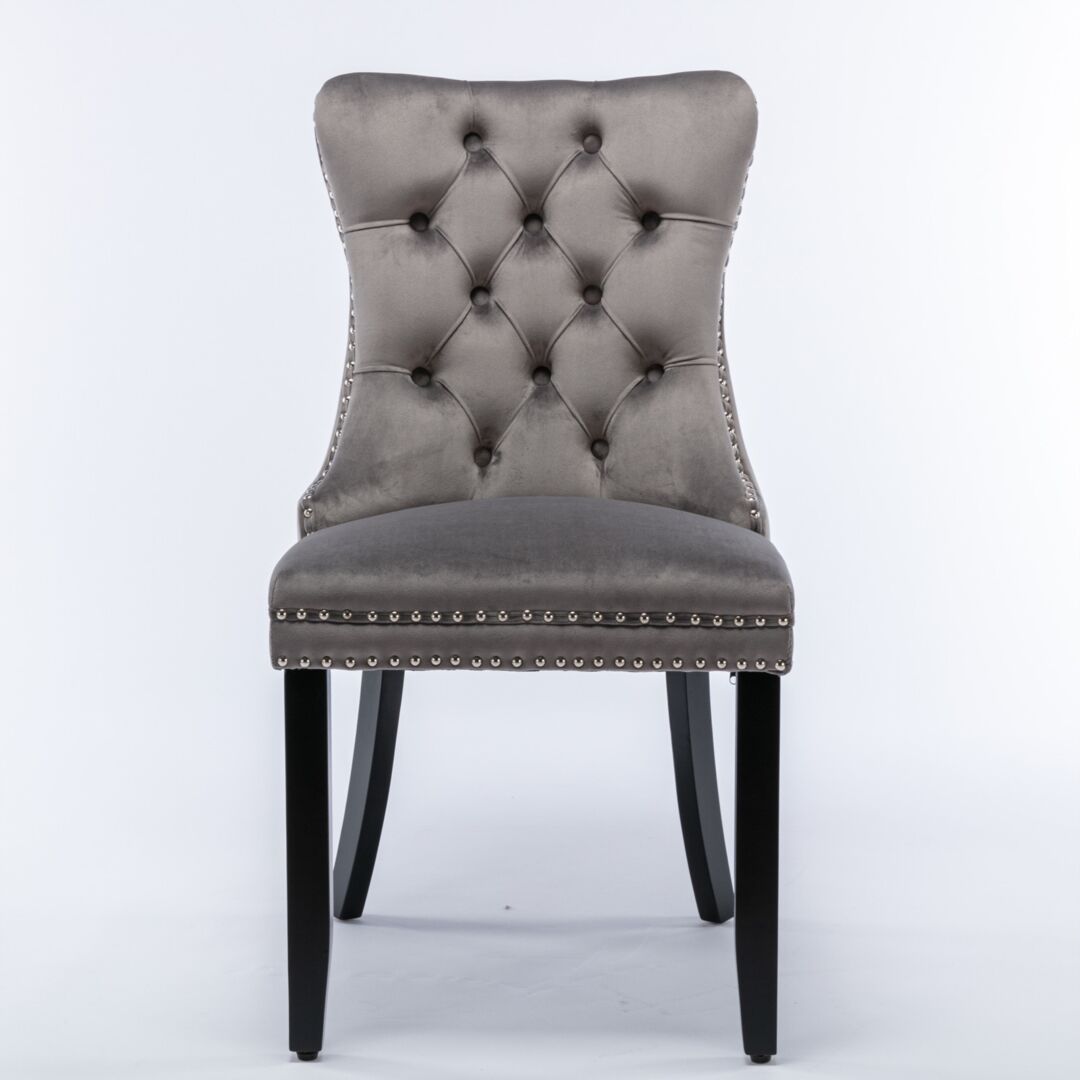 2x Velvet Dining Chairs Upholstered Tufted Kithcen Chair with Solid Wood Legs Stud Trim and Ring-Gray Price
