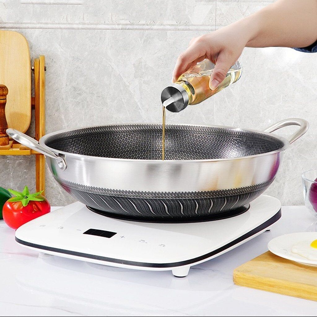 304 Stainless Steel 34cm Double Ear Non-Stick Stir Fry Cooking Kitchen Wok Pan Without Lid Honeycomb Double Sided Price